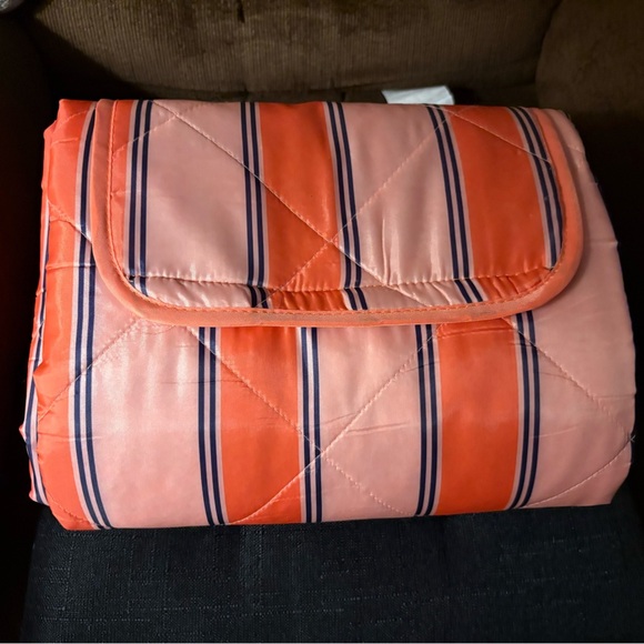 Striped Outdoor Blanket in Blue, white and Orange Water Resistant 100% poly. - Picture 2 of 4